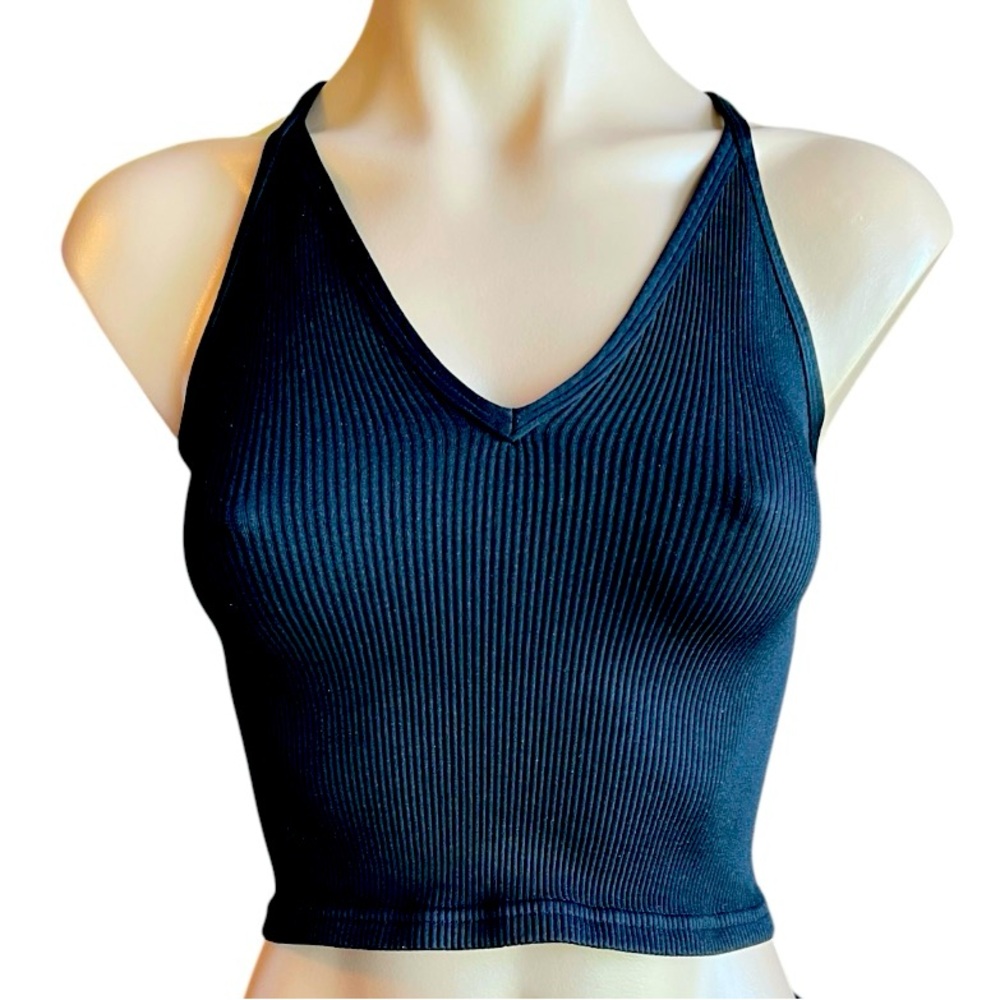 FP Movement by Free People Happiness Runs Long V-Neck Black Ribbed Tank Top NWOT